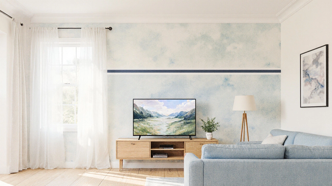 Bright living area with a pastel TV wall, sunlight through sheer curtains, and light furniture creating an airy feel.