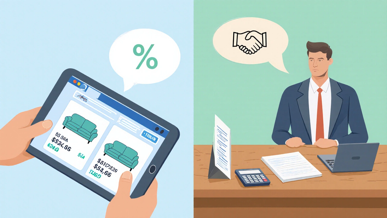 Buyer and salesperson negotiating price with charts and calculators.