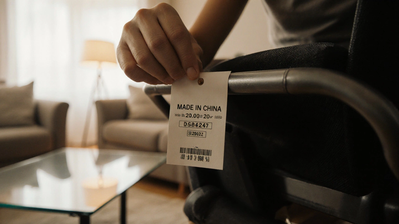 Close-up of a recliner tag showing &quot;Made in China&quot; held by a shopper.