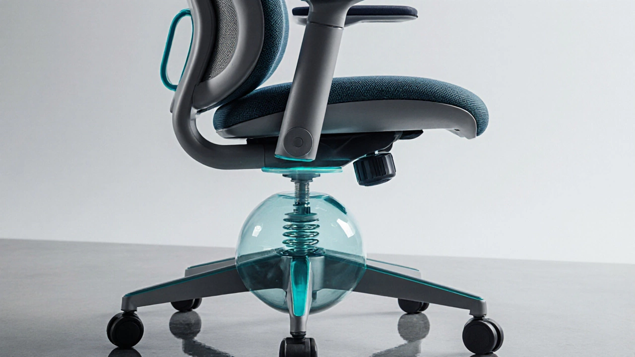 Close-up of an active office chair with a wobble base and adjustable tilt.