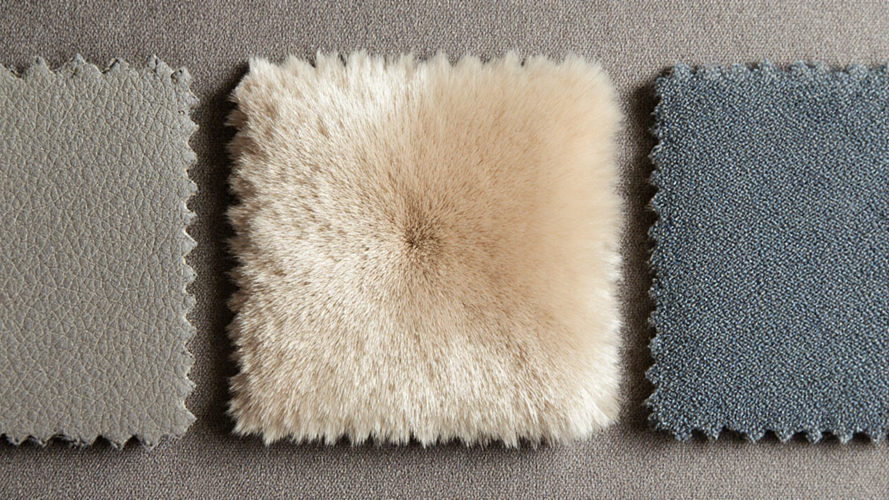 Close-up of grey leather, beige velvet, and muted blue fabric swatches.