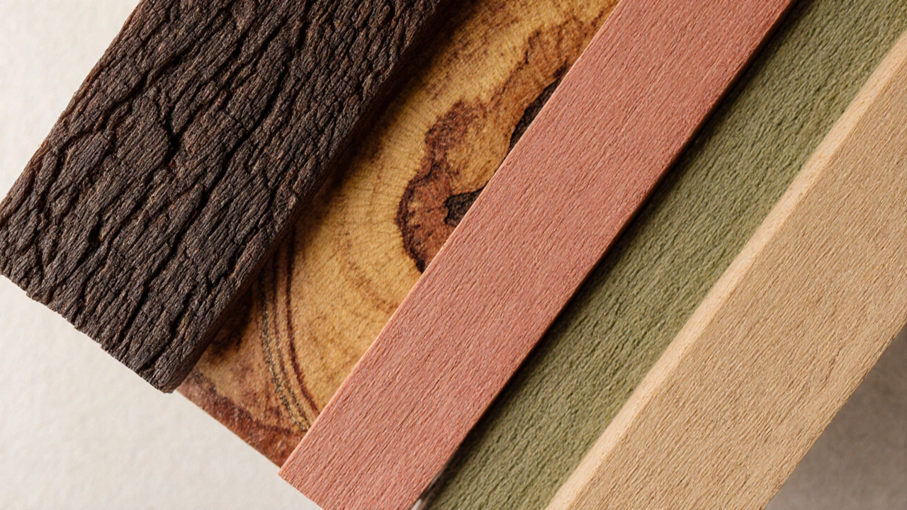 Close‑up view of cross‑section slices of different outdoor woods showing grain and color.