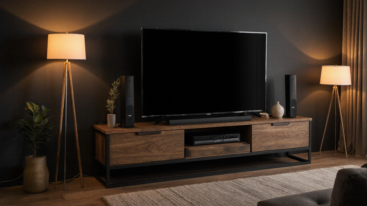Cozy living room at night with a 65‑inch TV on a well‑sized stand, speakers and hidden cables visible.
