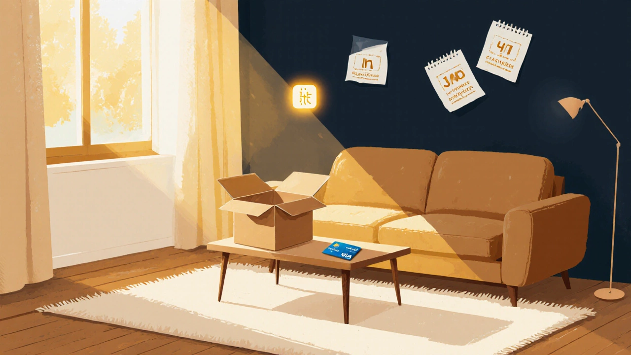 Cozy living room with new sofa, delivery box, sunlight, and calendar indicating sale months.