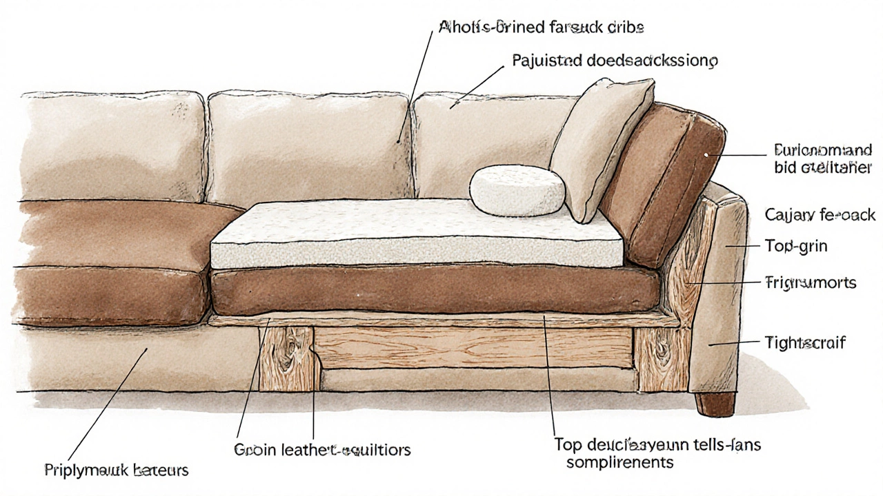 Cross‑section illustration revealing sofa frame, foam, and leather.