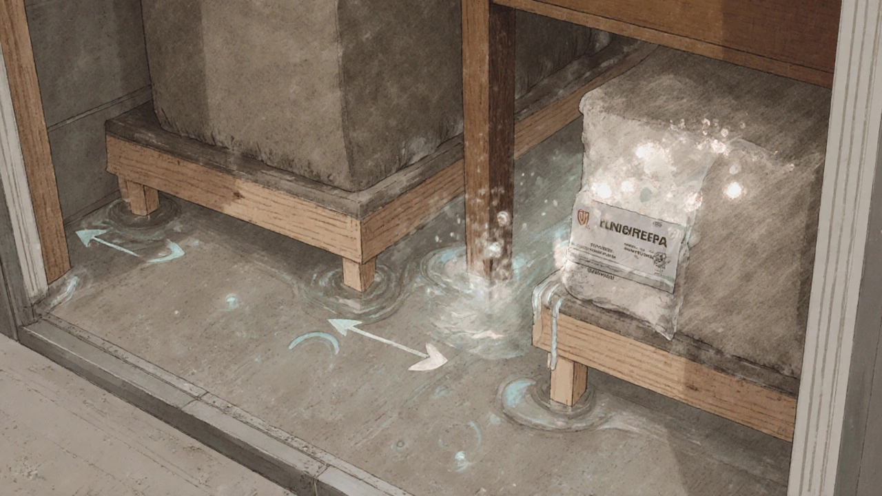 Cross-section of a storage unit showing moisture being blocked by risers and absorbed by desiccant packs.