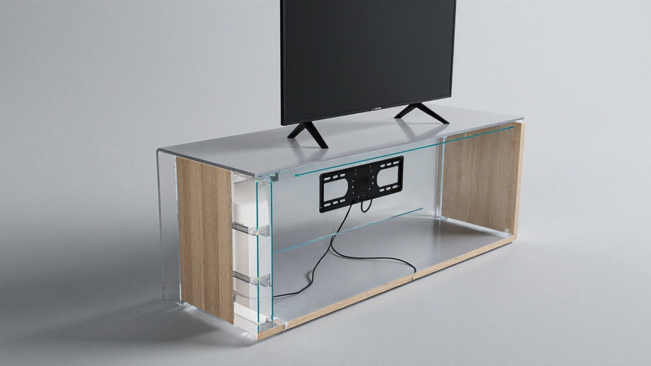 Cutaway illustration of a TV stand showing width, depth, height, VESA mount, and cable management.