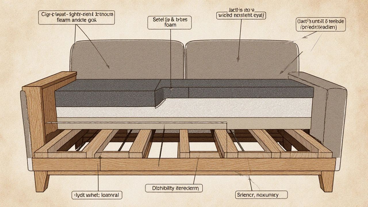 Cutaway illustration showing hardwood frame, hand‑tied springs, and foam layers inside a couch.