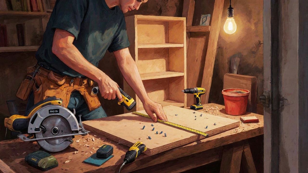DIY workshop scene with tools, MDF board, and a half‑built bookshelf.