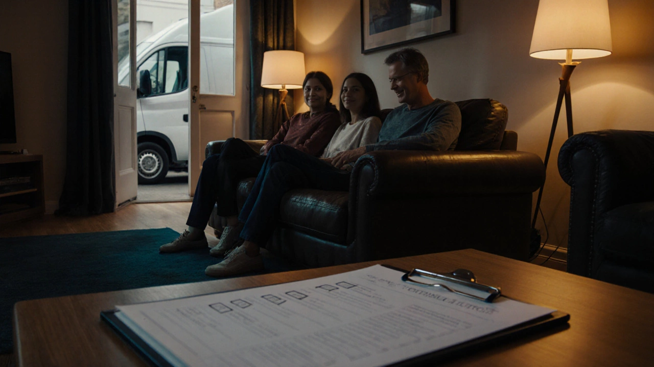 Family lounging on a delivered sofa with a checklist beside them.
