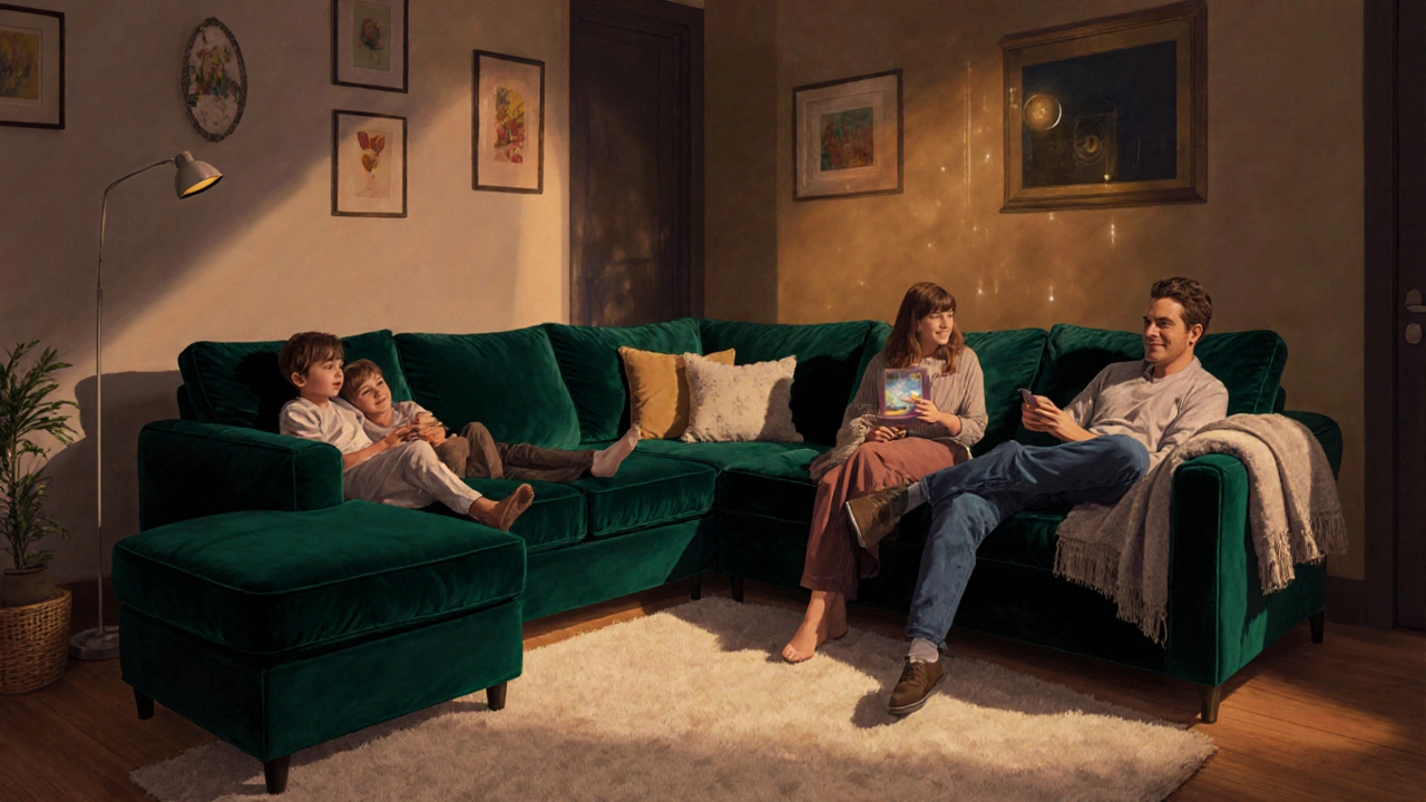 Family relaxing on a deep green corner sofa with ottoman during a movie night in a cozy home.