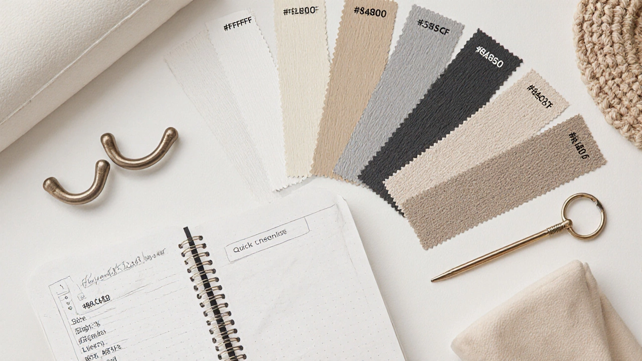 Flat‑lay of neutral color swatches, hex codes, fabric samples, and a design checklist.