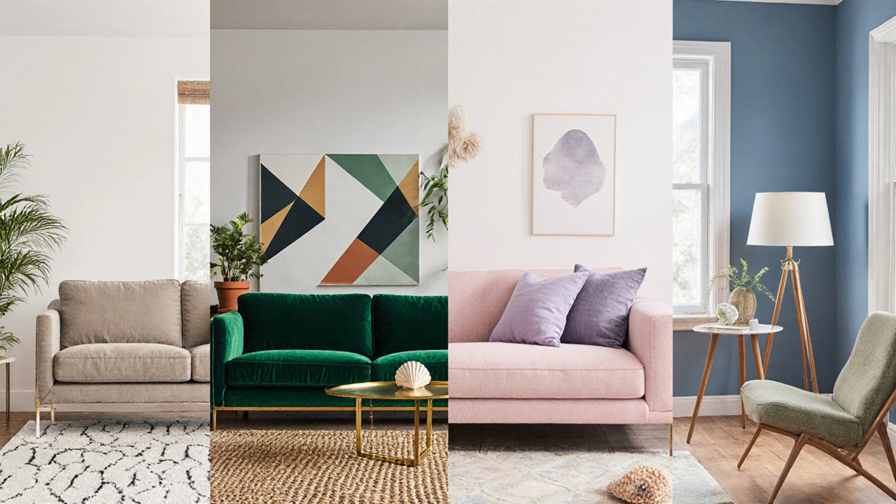 Four illustrated panels showing sofas in neutral, bold, earthy green, and pastel colors with matching room styles.