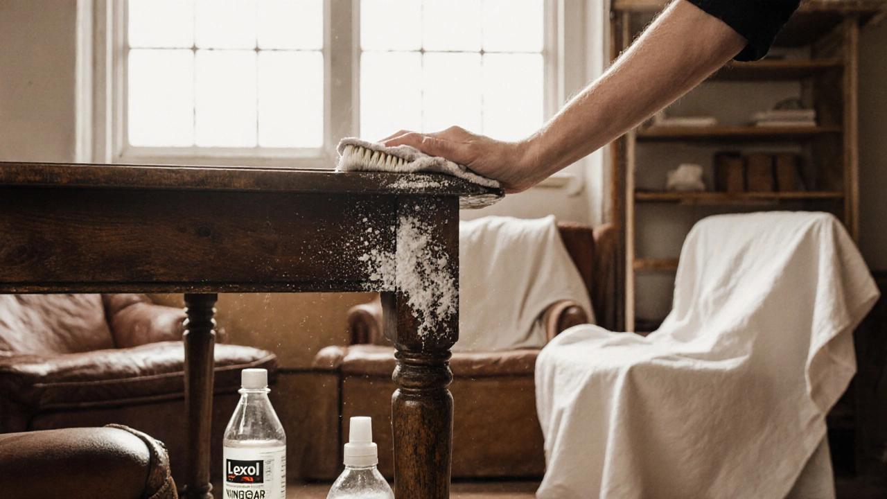 Hand brushing salt bloom from a wooden table leg with cleaning supplies nearby in a well-lit storage unit.