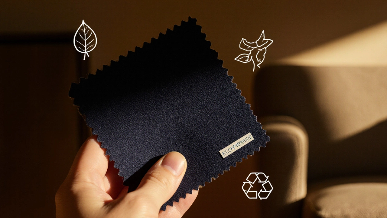 Hand holding a navy fabric swatch in sunlight, with an out‑of‑focus couch behind.