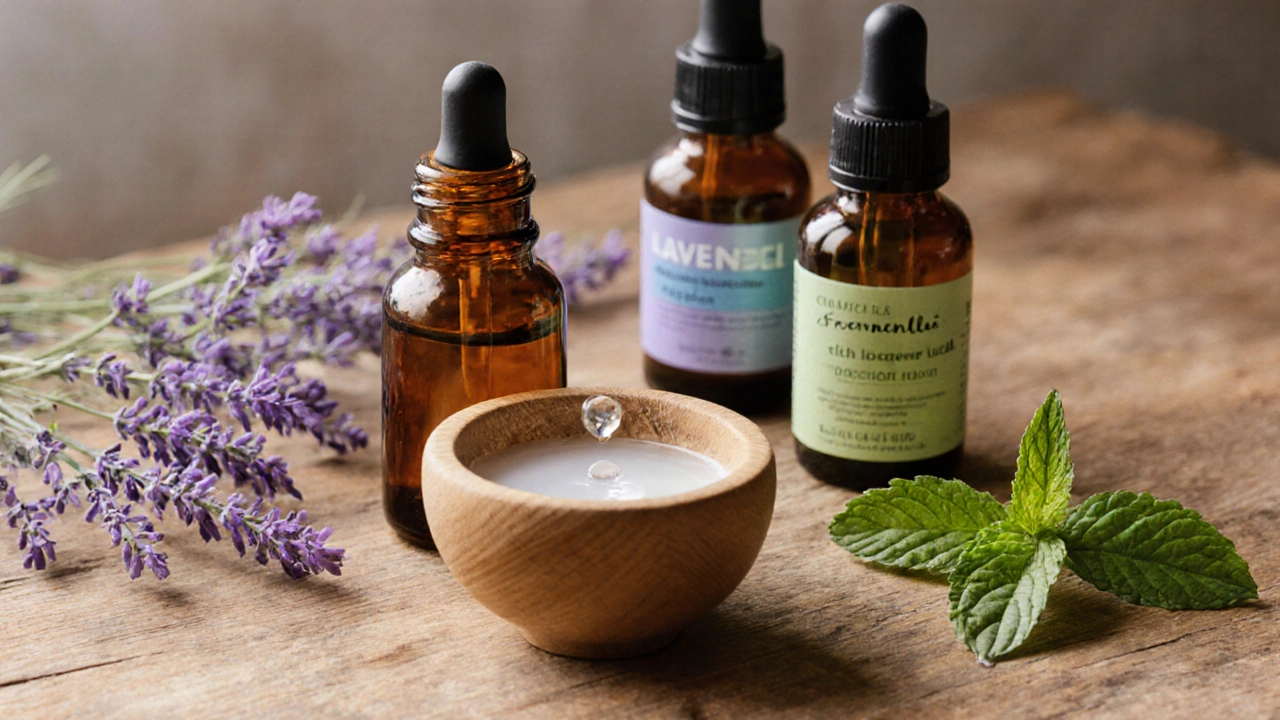 Hands mixing lavender, citronella, and peppermint oils with coconut oil in a bottle.