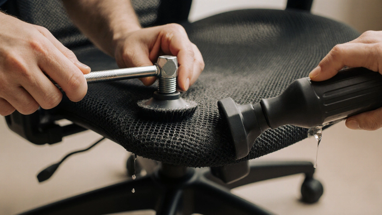 Hands tightening a bolt, vacuuming mesh, and applying oil to a chair.