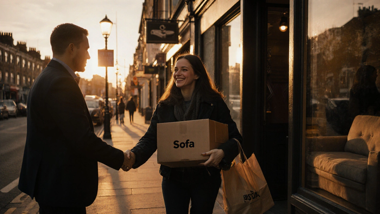 Happy customer leaving a shop with a boxed sofa, shaking hands.