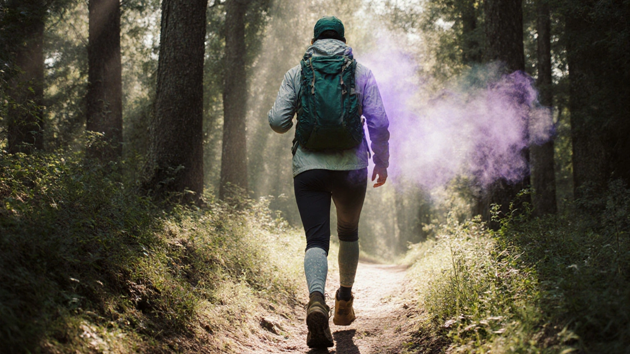 Hiker in protective clothing walking through a sun‑lit forest with a faint aromatic mist.