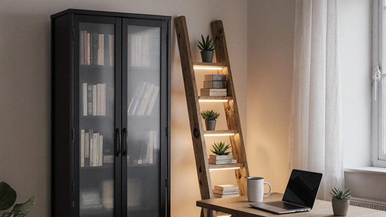 Home office with a metal bookcase, ladder bookshelf divider, and LED lighting.