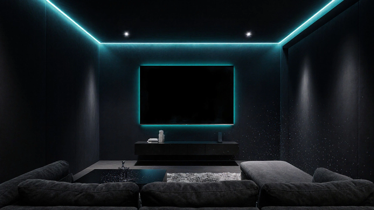 Home theater with a dark matte wall, LED backlighting behind a large TV, and plush seating illuminated by spotlights.