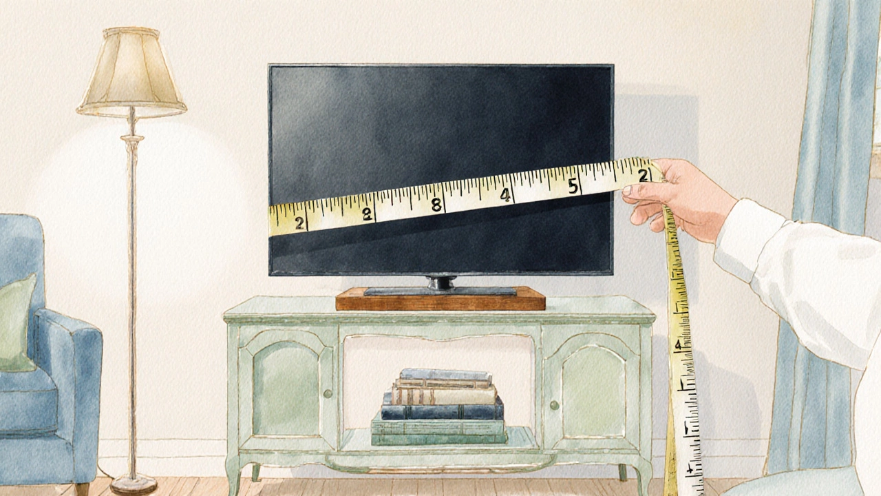 Homeowner adding a wooden riser and books under a TV to reach the ideal center height.