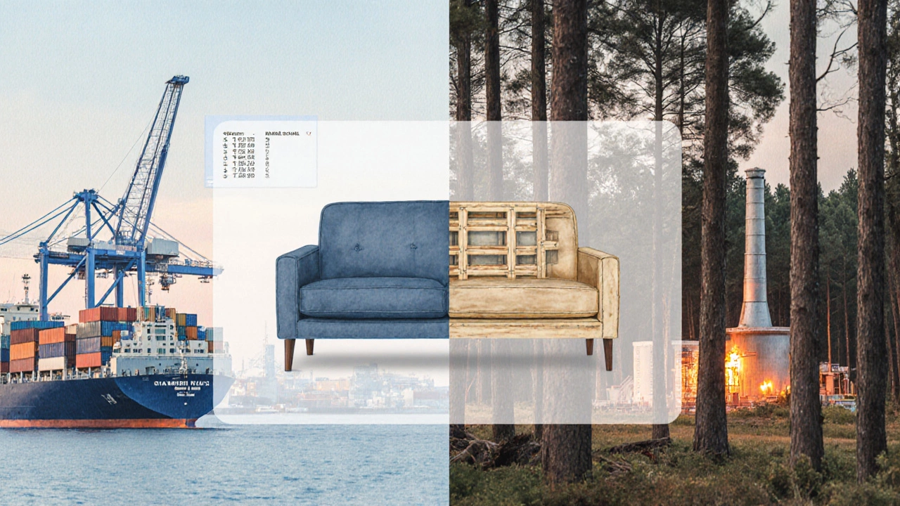 Illustration showing a port, timber forest, steel mill, and sofa assembly linking supply chain.