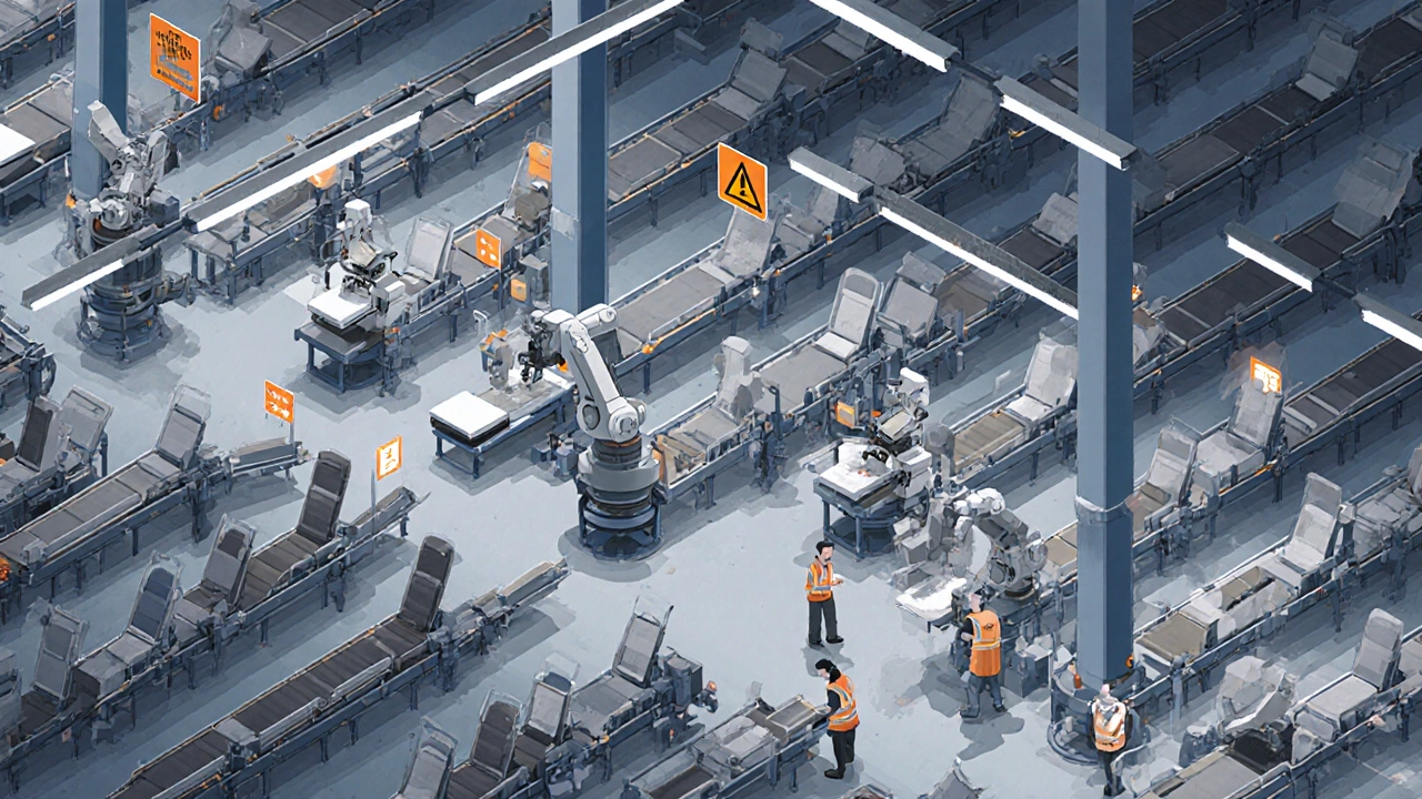Large Guangdong factory floor assembling many recliner chairs on conveyor belts.