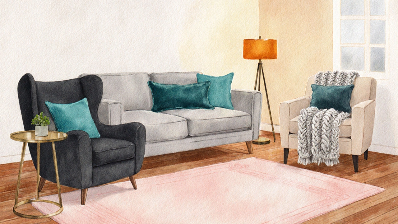 Living room with charcoal chair, gray sofa, teal pillows, pastel rug, and gold lamp.