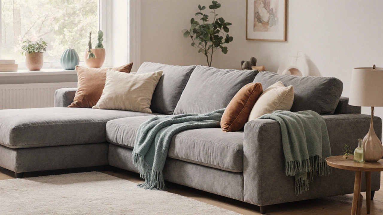 Living room with grey sofa, beige cushions, muted blue throw, and subtle sage accents.
