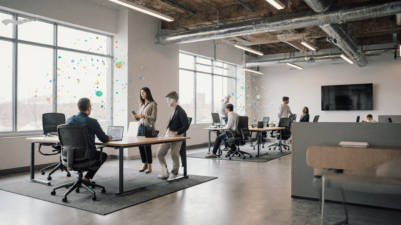 Modern office space with active chairs, standing desks, and a calming workspace setup.