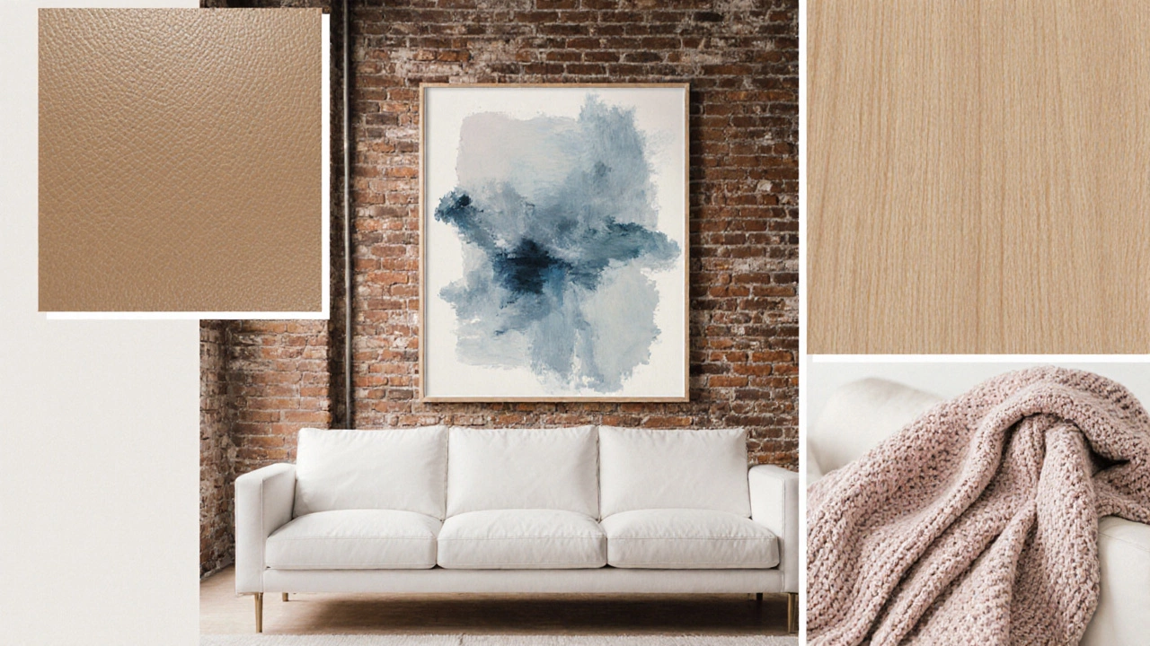 Mood board of a loft with white sofa, abstract art, and textured neutral accessories.