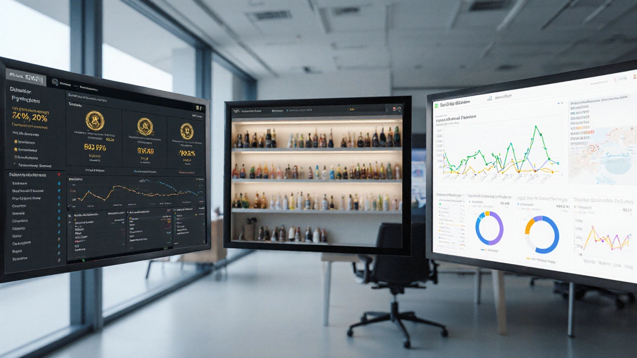 Office split‑screen displaying top customers, premium products, and high‑performing ad channels highlighted in data dashboards.