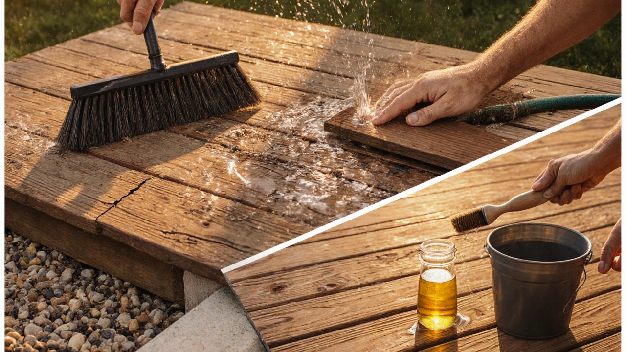 Oil‑painted scene of cleaning, inspecting, and oiling a deck with proper drainage.