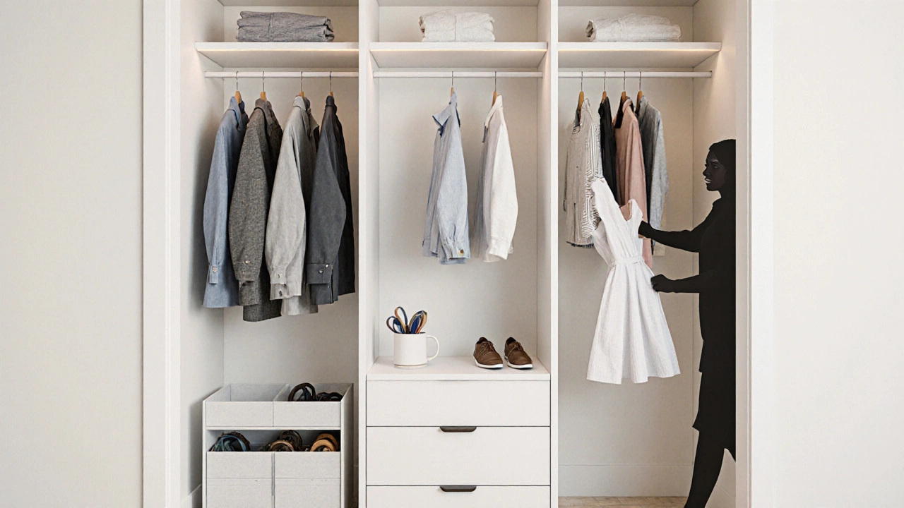 Organized walk‑in closet with three vertical sections, neatly arranged clothing, and a happy user.