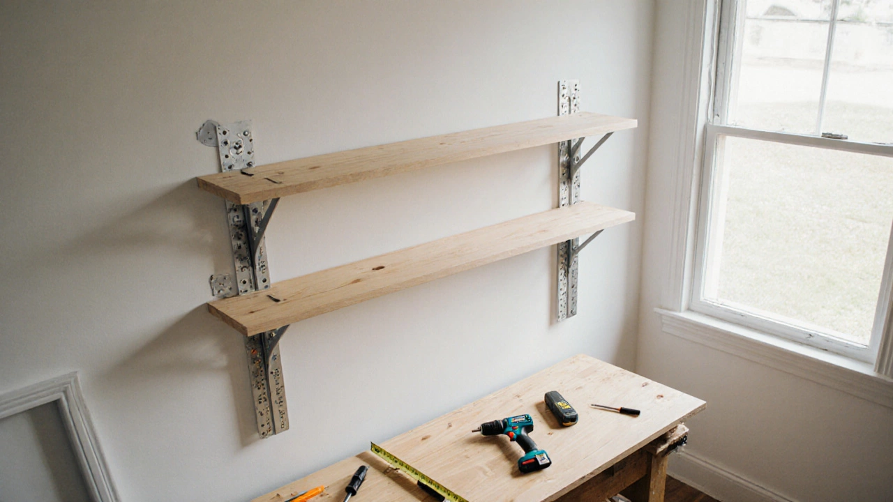 Overhead view of tools and brackets being installed on a wall for a new shelf.