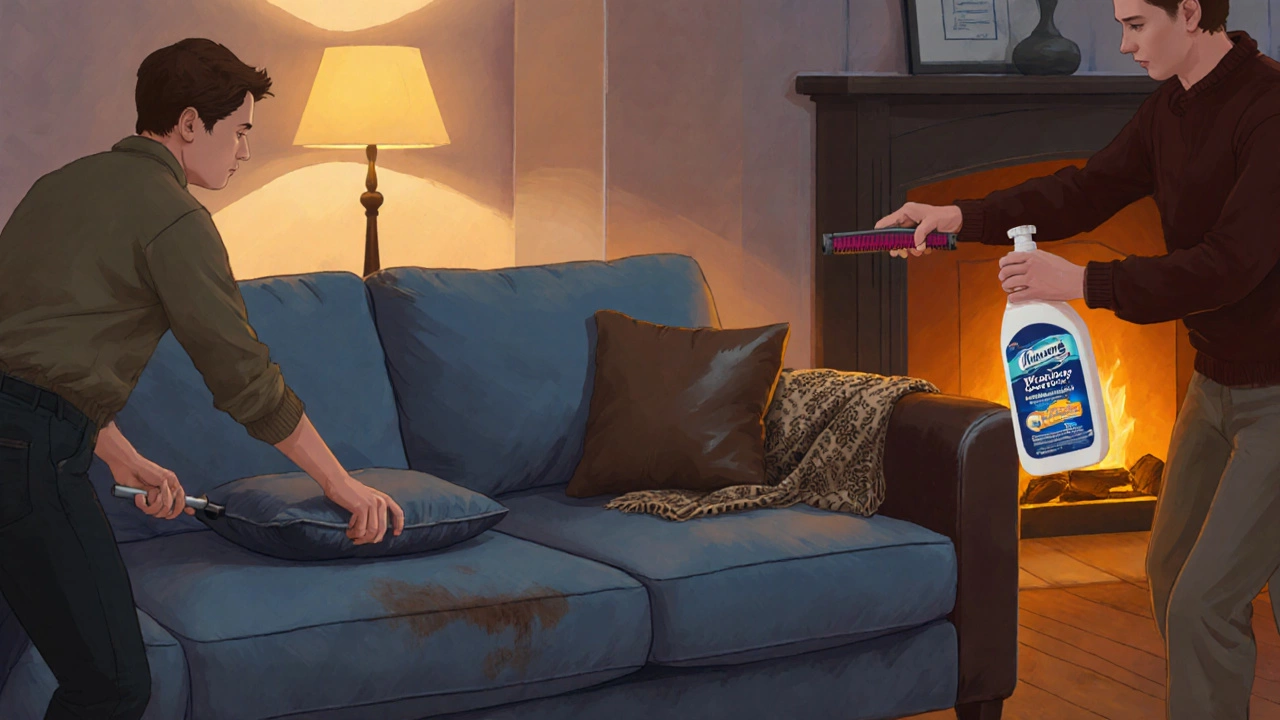 Person caring for a couch by rotating cushions and cleaning its upholstery.