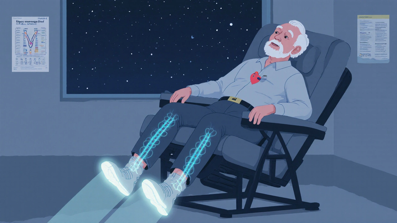 Senior man in zero-gravity recliner with elevated legs, symbolizing improved circulation.