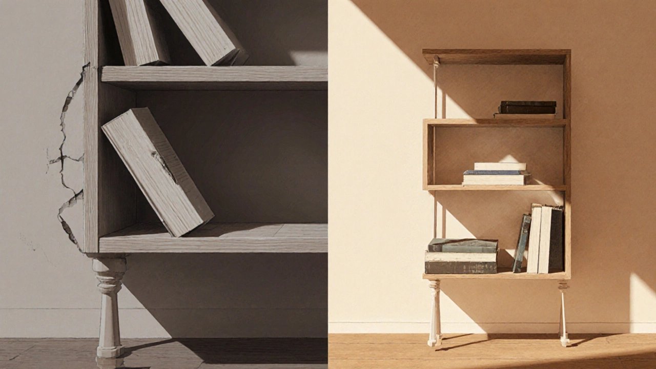 Side‑by‑side comparison of a sagging shelf and a stable shelf using the triangle rule.