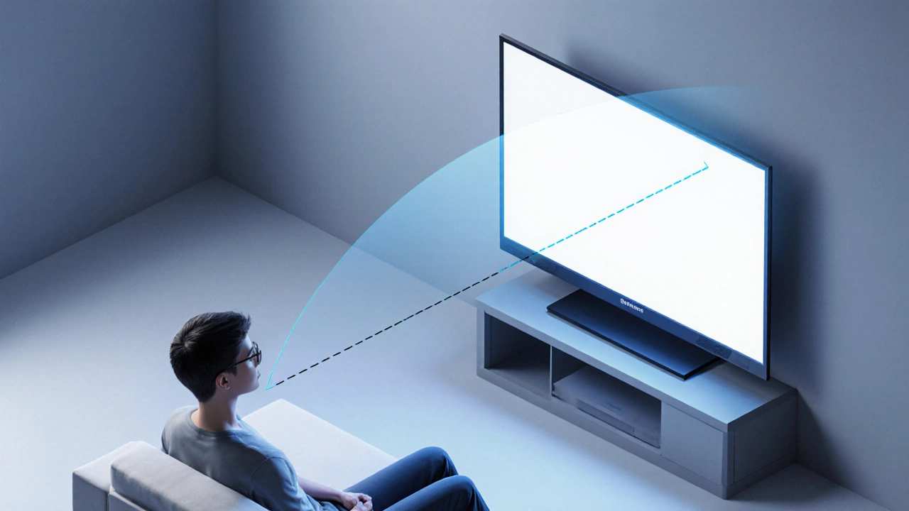 Side view shows a viewer&#039;s eye line and TV center within a 15° angle, illustrating proper ergonomics.