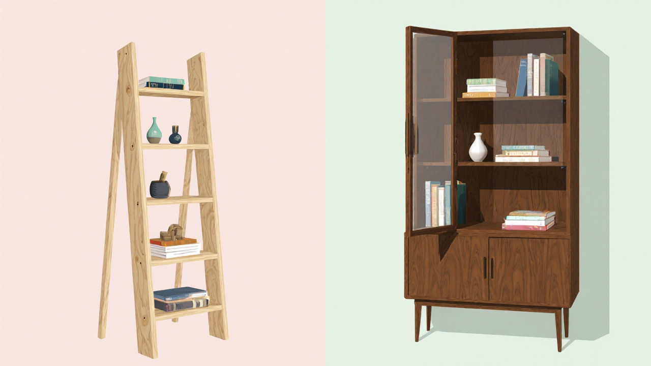 Split illustration comparing an open ladder bookshelf with a glass‑door bookcase.
