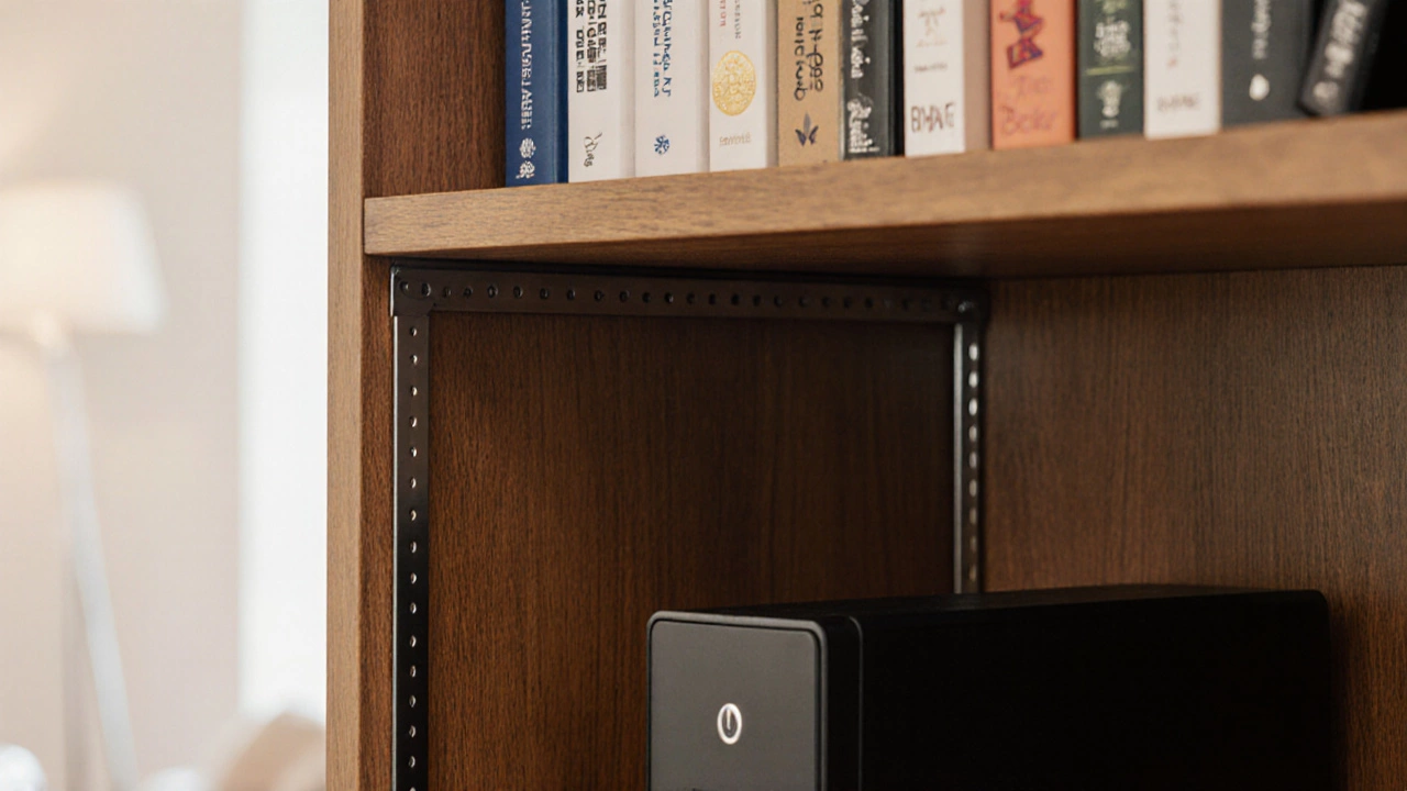 Stable bookshelf with hardwood plank, back panel, and hidden metal reinforcement.