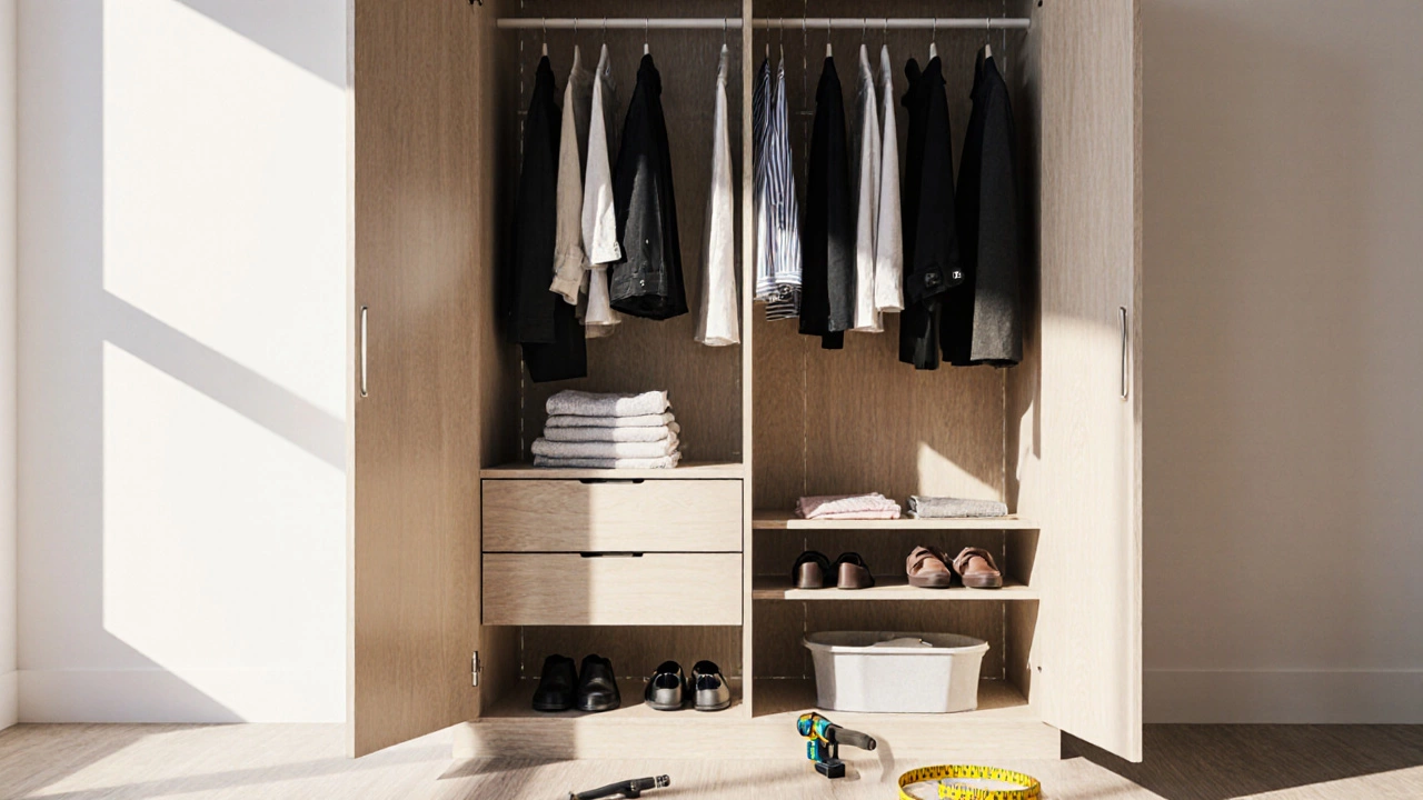 Wardrobe divided into three zones with hanging rods, shelves, and drawers, showing the 333 rule setup.