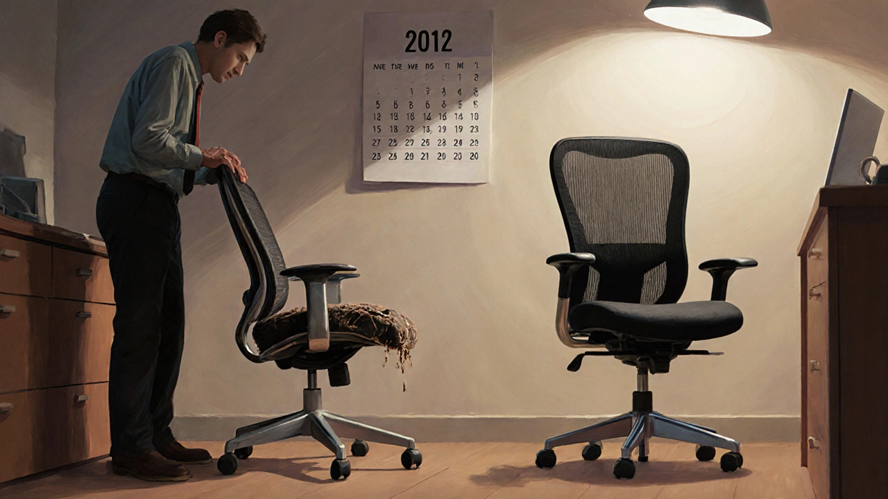 Worker choosing between a cracked old chair and a sleek new ergonomic chair.