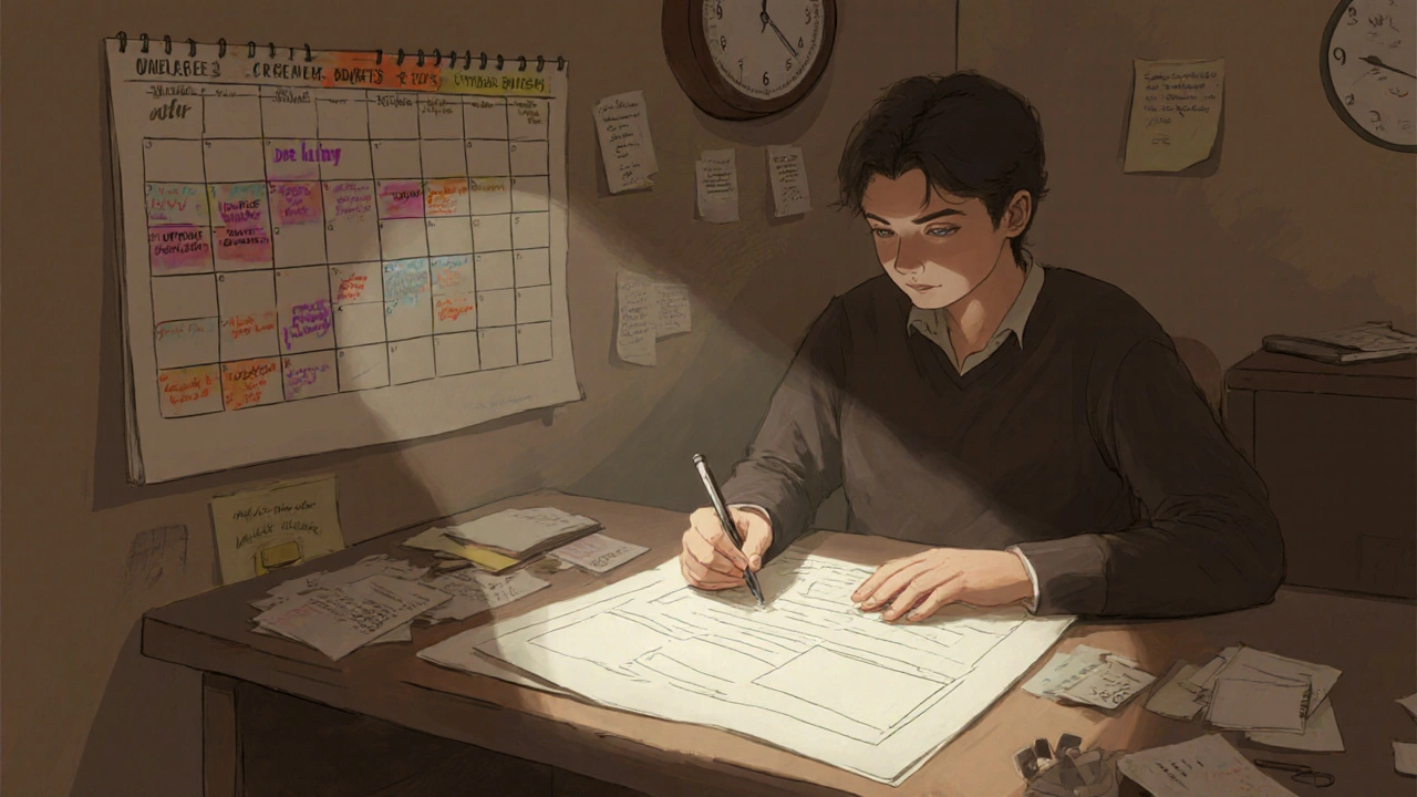 Writer at a desk focusing on a highlighted outline while cluttered notes fade, with a calendar marking high‑impact tasks.
