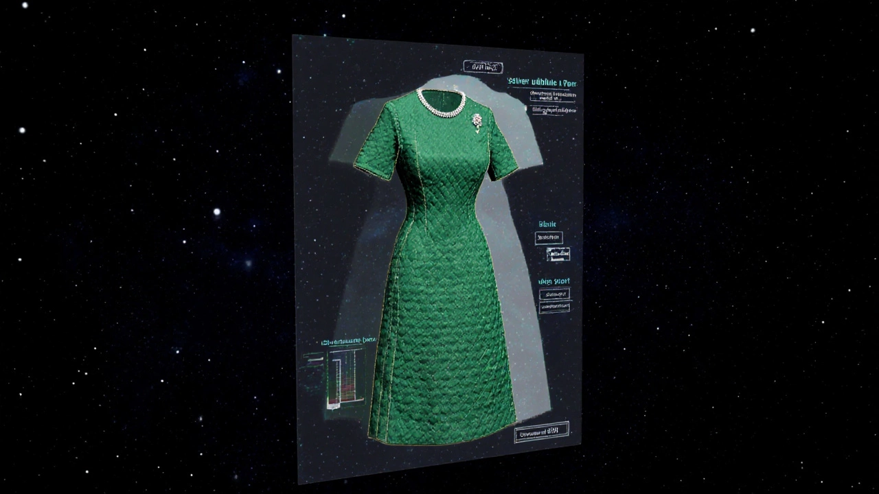 A digital 3D scan of a royal dress floating in space, showing detailed fabric textures and historical data.