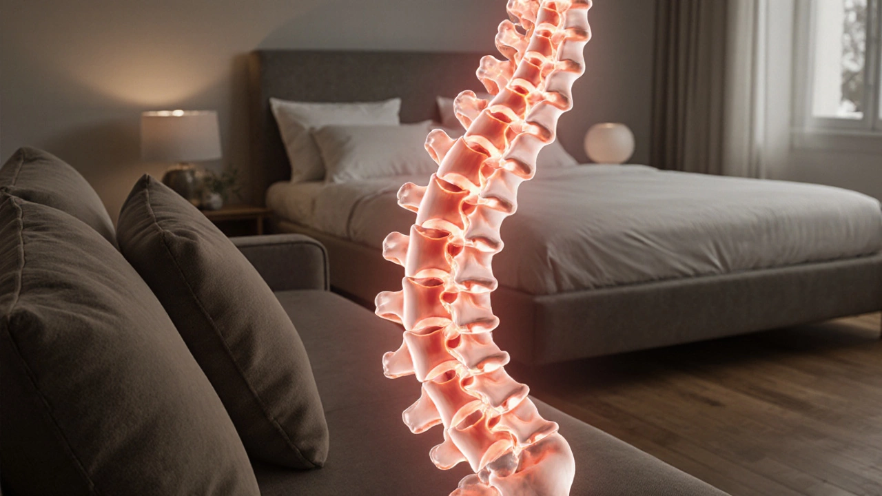 Anatomical spine overlay showing ideal alignment vs. distorted curve on a couch, bedroom visible behind.