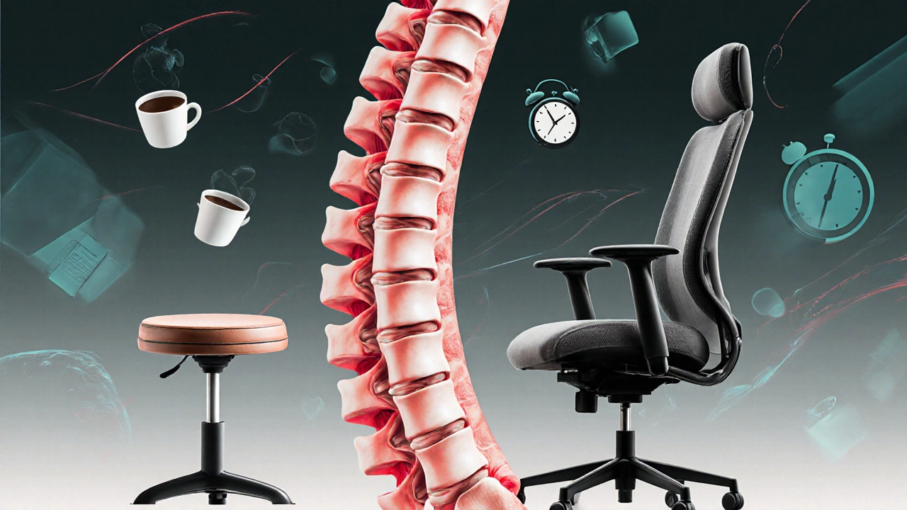 Cross-section of a spine showing strain on a stool versus proper support in an ergonomic chair.