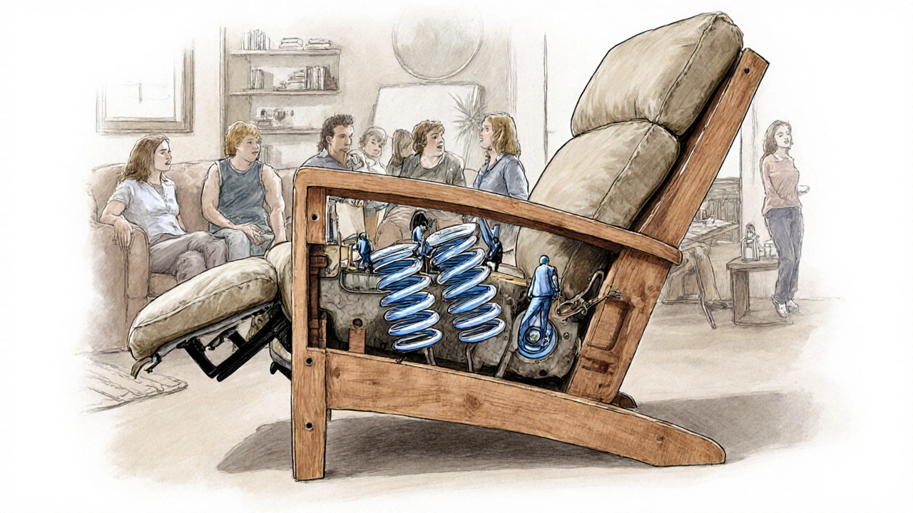 Cross-section view of Flexsteel recliner showing internal steel springs and hardwood frame for heavy use.