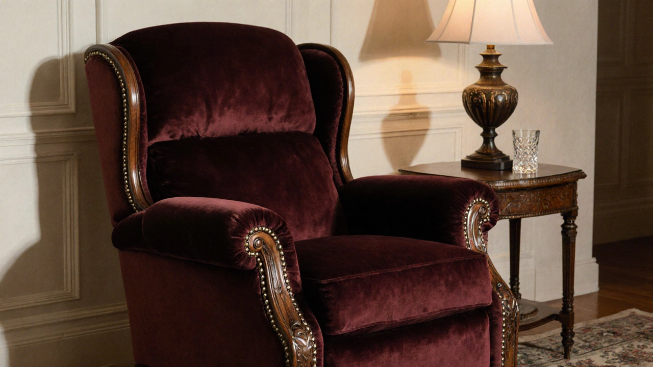 Elegant Thomasville recliner with carved wood arms and velvet fabric in a luxury living room setting.